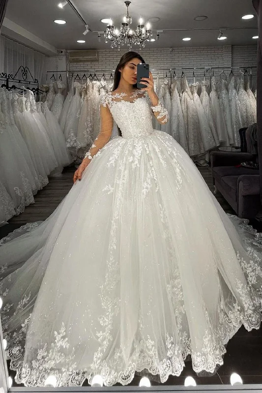 Sheer Tulle Ball Gown Wedding Dress With Long Sleeves Appliques Tiered Wedding Dress