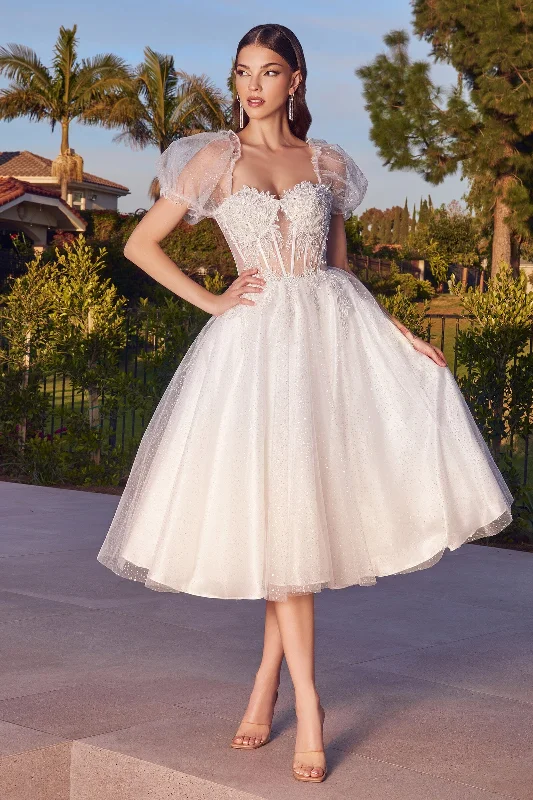 White Short Sleeve Tea Length Dress by Ladivine CD0187W Tiered Wedding Dress