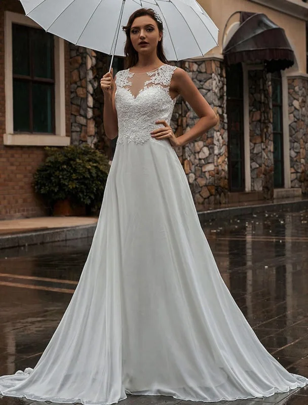 White Wedding Dress Illusion Neckline Sleeveless Applique Chiffon Floor Length Bridal Gowns Train Dress Satin Lace Gown