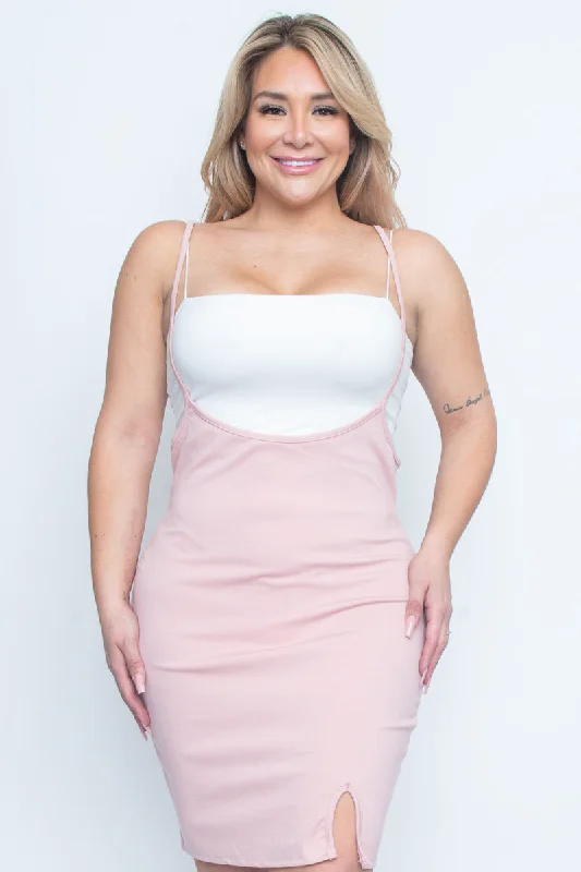 Plus Size Spaghetti Strap Suspender Midi Dress with Thigh Slit in Pink (ZA3663) Leather midi dresses