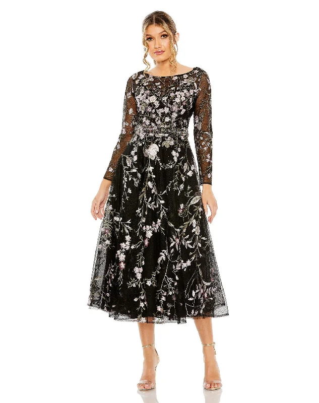 Mac Duggal 20476 Long Sleeve Formal Floral Midi Dress Flowy midi dresses