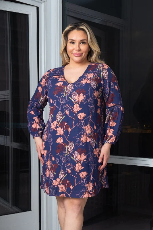 Plus Size V-Nek 3/4 Sleeve Floral Print Midi Dress W/full lining (195913) Anniversary midi dresses