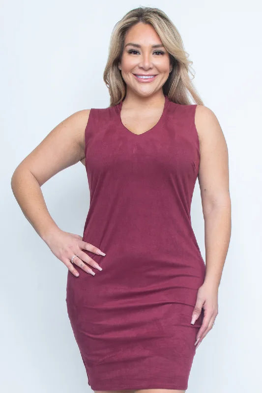 Plus Size Suede Sleeveless V Neck Midi Dress with Hidden Zip Back (Z9635) Festival midi dresses