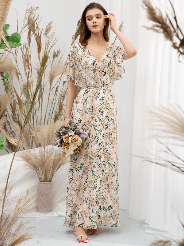 Bat Sleeves V Neck Chiffon Print Floral Khaki Floor Length Formal Gown Best floral dresses for outdoor weddings