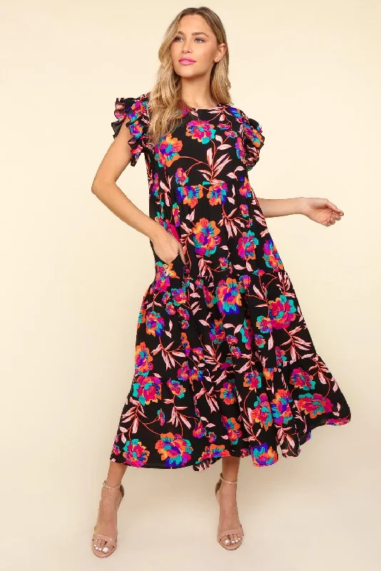 Blue Zone Planet |  Haptics Ruffled Printed Round Neck Cap Sleeve Dress Halter floral dresses