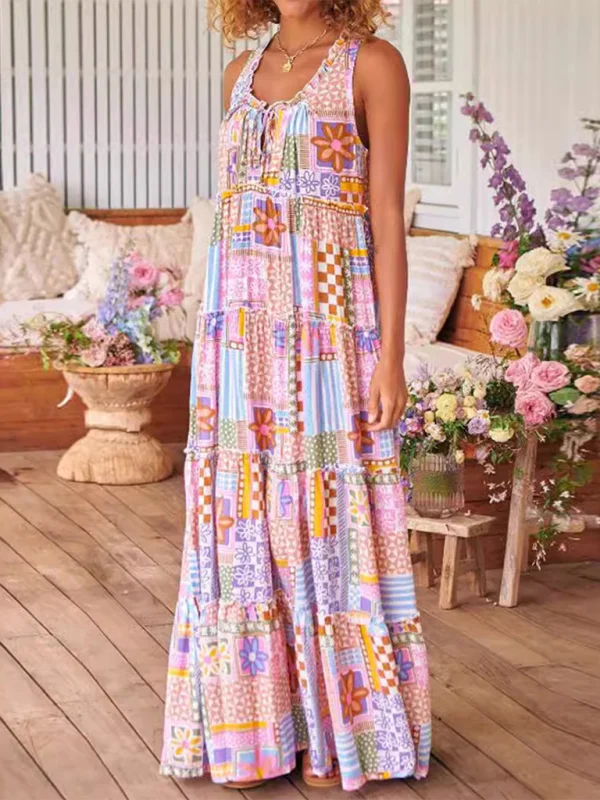 Blue Zone Planet | Ladies printed round neck long dress Vacation floral dresses