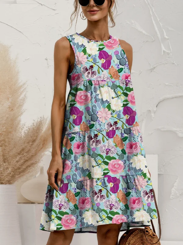 Blue Zone Planet |  Printed Round Neck Sleeveless Tiered Dress Best floral dresses for outdoor weddings