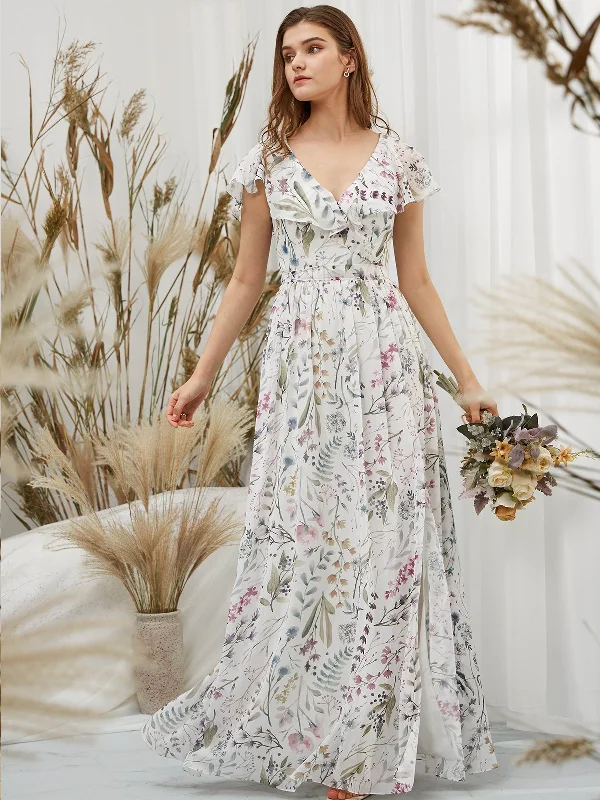 Cap Sleeves Chiffon V Neck Print Floral Ivory Floor Length Formal Evening Gown Long floral dresses