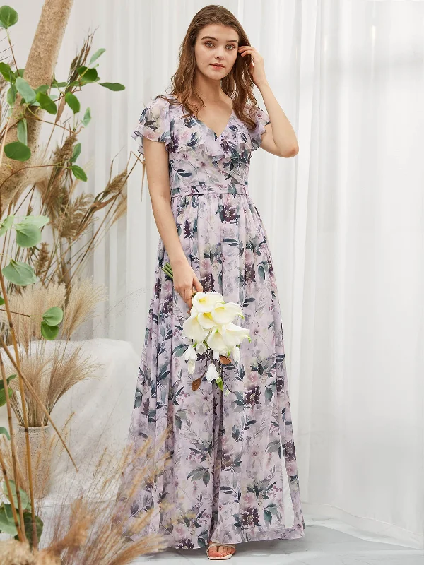 Cap Sleeves V Neck Chiffon Print Floral Wisteria Floor Length Formal Gown Best floral dresses for petites