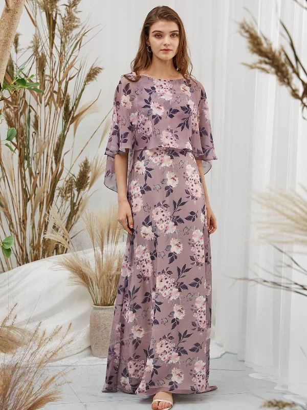 Cape Sleeves Boat Neck Chiffon Print Floral Wisteria Floor Length Formal Evening Gown Smocked floral dresses