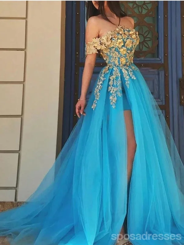 Floral Blue A-line Off Shoulder High Slit Cheap Long Prom Dresses Online,12803 Shein floral dresses