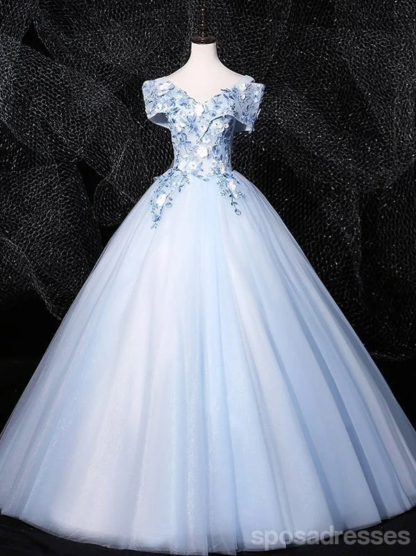 Floral Blue A-line Off Shoulder Long Prom Dresses Online, Dance Dresses,12796 Cheap floral dresses