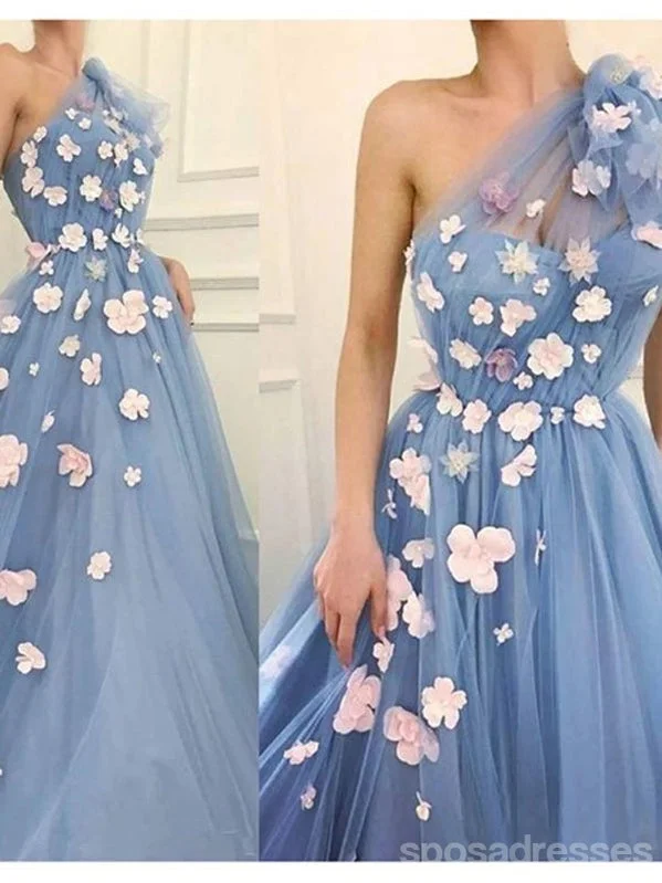 Floral Blue A-line One Shoulder Cheap Long Prom Dresses Online,12794 Discounted floral dresses