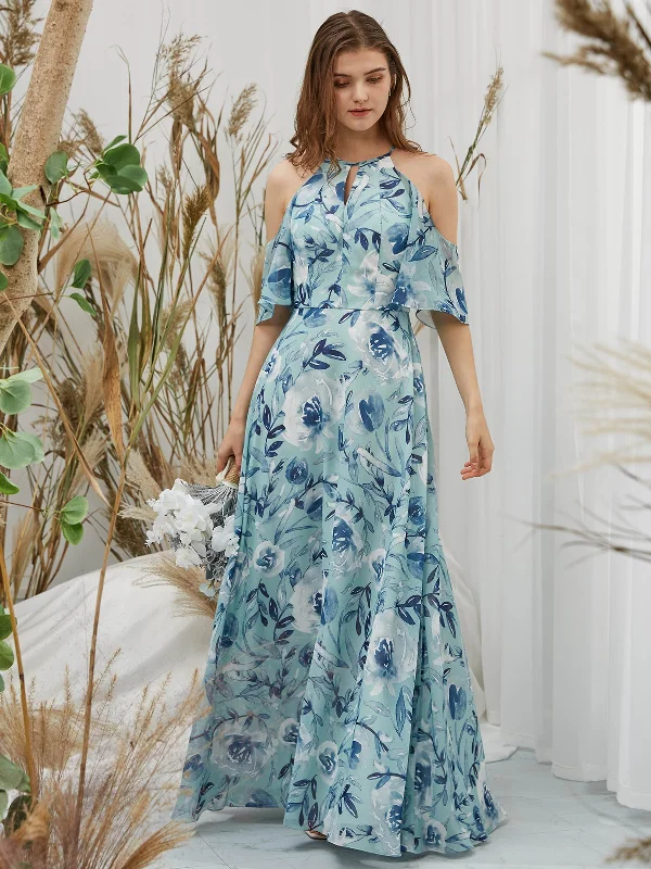 Halter Off the Shoulder Chiffon Print Floral Ivory Steel Blue Floor Length Formal Gown Fashion-forward floral dresses