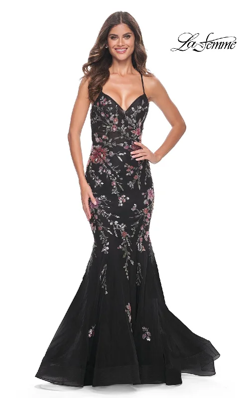 La Femme Floral-Lace Long Black Prom Dress 32246 Tulle floral dresses