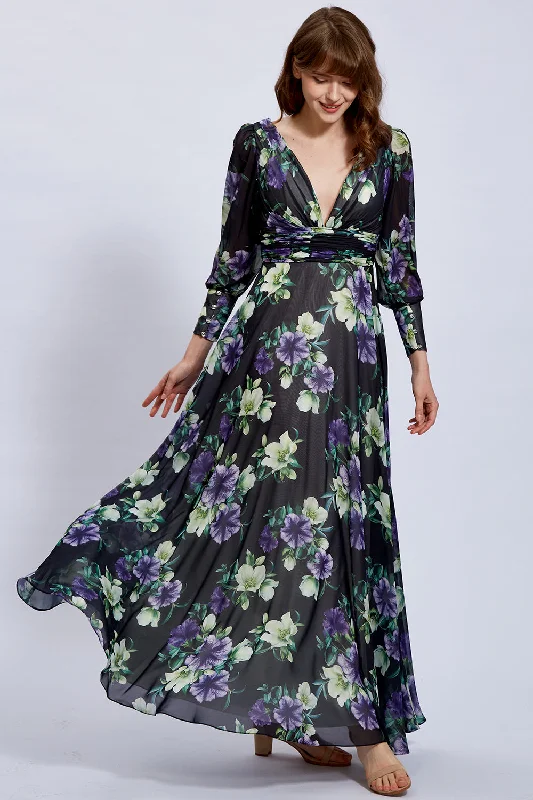 Long Puff Sleeves V Neck Floral Black Evening Gown Stretchy floral dresses