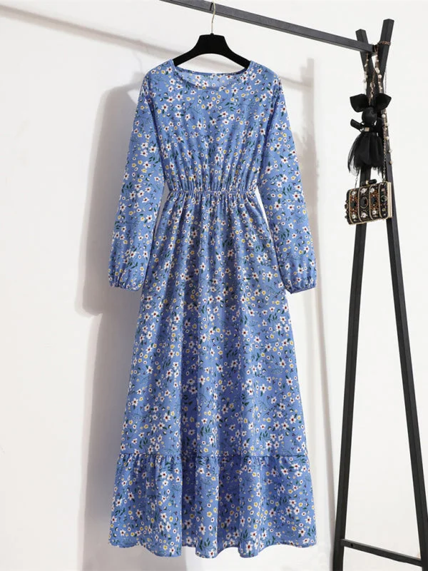 Blue Zone Planet |  Long sleeve round neck waist slimming floral chiffon long dress Discounted floral dresses