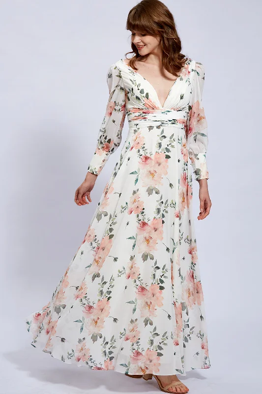 Long Sleeves V Neck Floral Chiffon Formal Evening Gown Best floral dresses for elegant looks