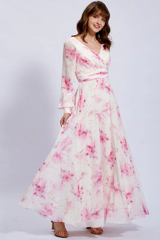 Long Sleeves V Neck Floral Chiffon Pink Formal Evening Gown Best floral dresses for outdoor weddings