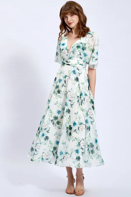 Cape Sleeves V Neck Floral Chiffon Mother of the Bride Dress Must-have floral dresses for this season