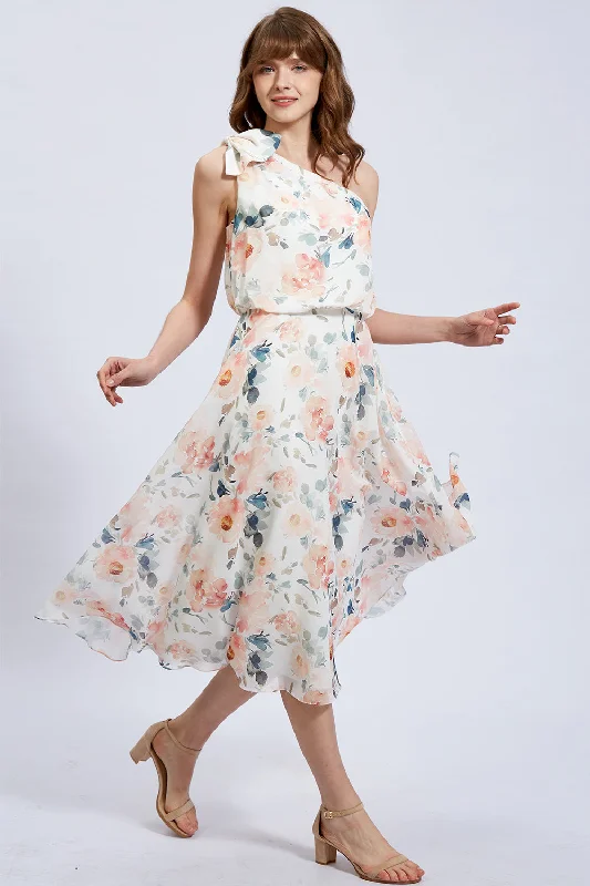 One Shoulder Tea Length Floral Party  Formal Dress Maxi floral dresses