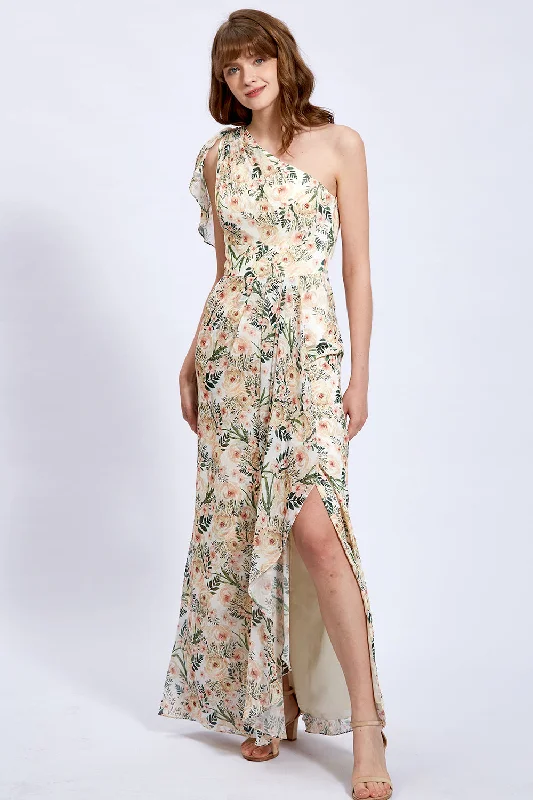 One Shoulder Floral Chiffon Formal Gown with Slit Girls' floral dresses