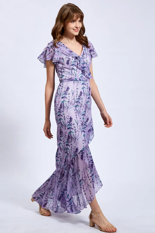 Cape Sleeves Chiffon Print Floral Wisteria Floor Length Formal Evening Gown Vintage floral dresses