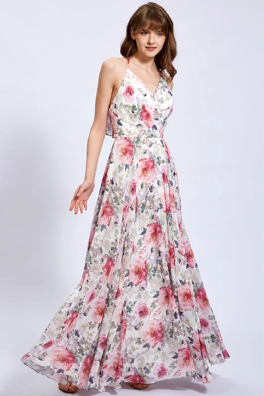 V Neck Sleeveless Pink Floral Formal Bridesmaid Dresses Romantic floral dresses