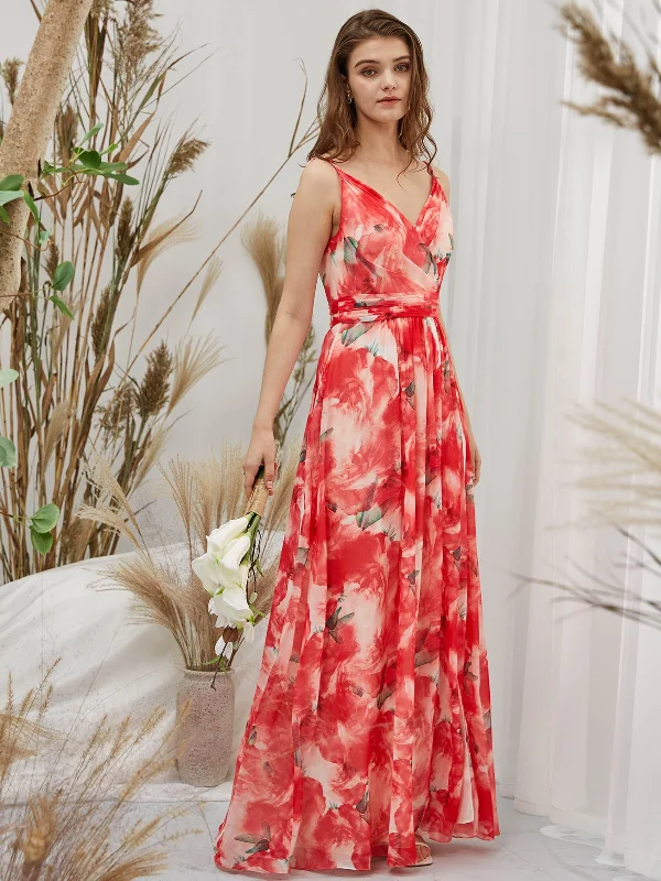 Straps V Neck Chiffon Print Floral Red Floor Length Formal Evening Gown Graduation floral dresses