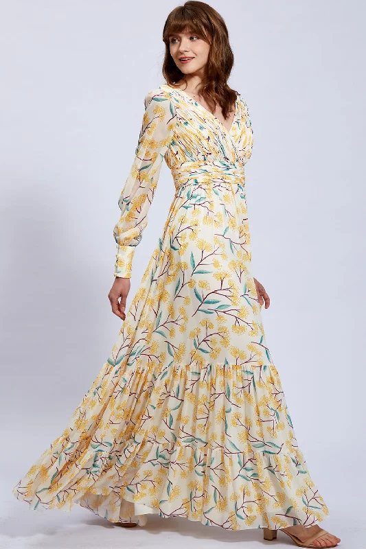 Puff Long Sleeves V Neck Floral Chiffon Yellow Evening Gown Budget-friendly floral dresses