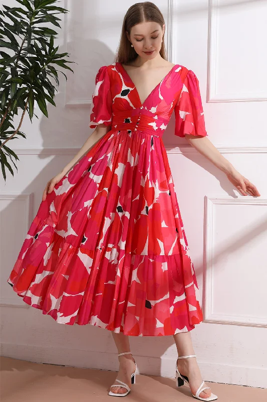 Puff Sleeves V Neck Silk Cotton Floral Dress Organza floral dresses