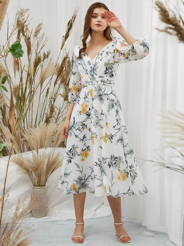 Short Puff Sleeves Chiffon V Neck Print Floral Ivory Tea Length Formal Dress Flattering floral dresses for all body types