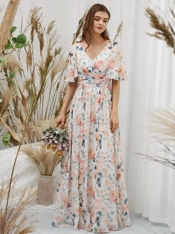 Short Sleeves V Neck Chiffon Print Floral Peach Floor Length Formal Gown Sexy floral print dresses