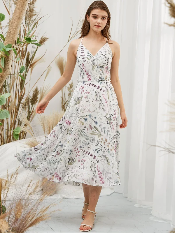 Spaghetti Straps V Neck Chiffon Print Floral Ivory Tea Length Formal Gown Cheap floral dresses