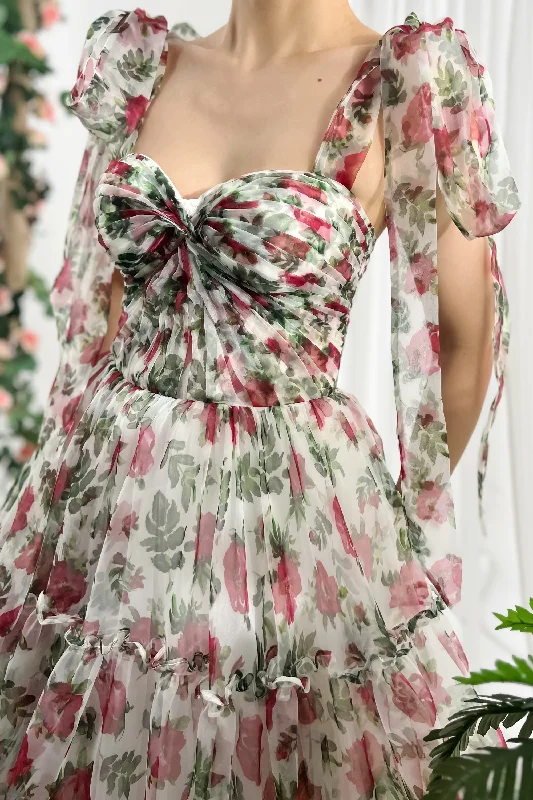 Strapless Rose Print Organza Dress with Removable Tie Straps Wrap floral dresses