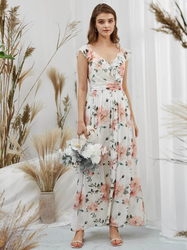 Straps V Neck Chiffon Print Floral Peach Floor Length Formal Evening Gown Date night floral dresses