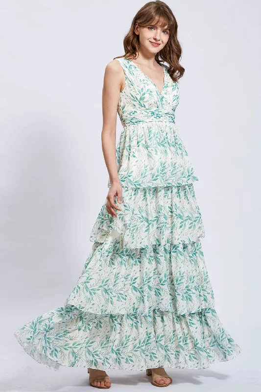 Straps V Neck Floral Chiffon Sage Tiered Formal Evening Gown Spring floral dresses