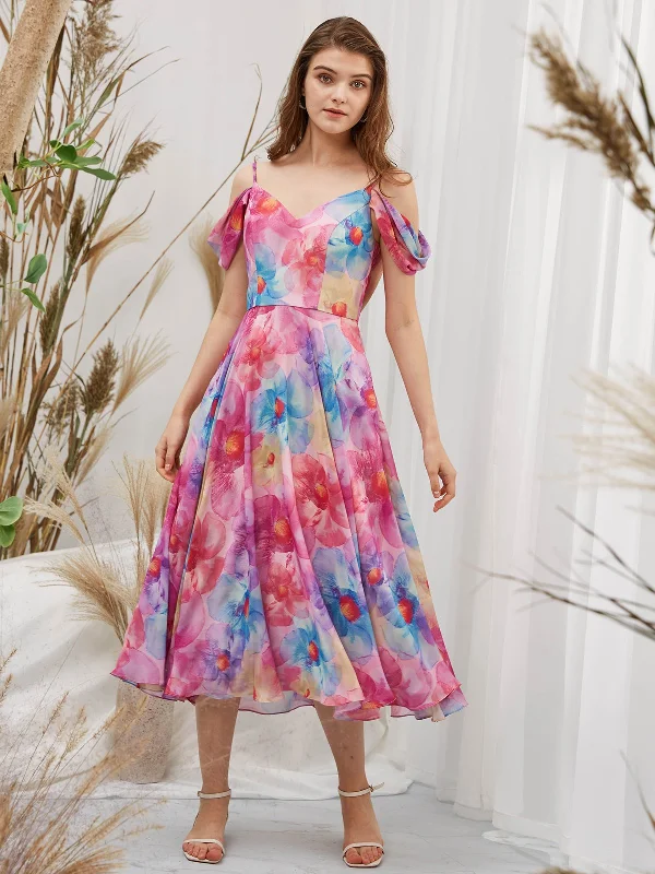 Straps V neck Off the Shoulder Chiffon Print Floral Fuchsia Tea Length Formal Gown Retro floral dresses