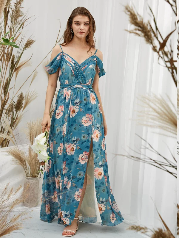 Straps V Neck Off the Shoulder Chiffon Print Floral Teal Floor Length Formal Evening Gown Flowy floral dresses