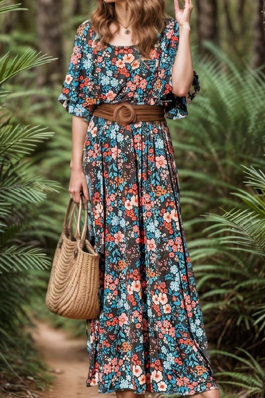 Blue Zone Planet |  Tied Printed Round Neck Half Sleeve Dress Cute floral print summer dresses