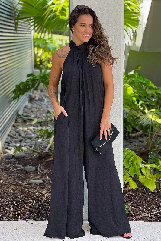 Black High Neck Jumpsuit With Pockets Stretchy unclassified dresses