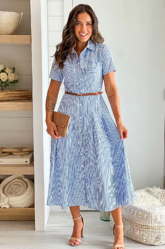 Blue Striped Button Down Dress With Belt Party unclassified dresses