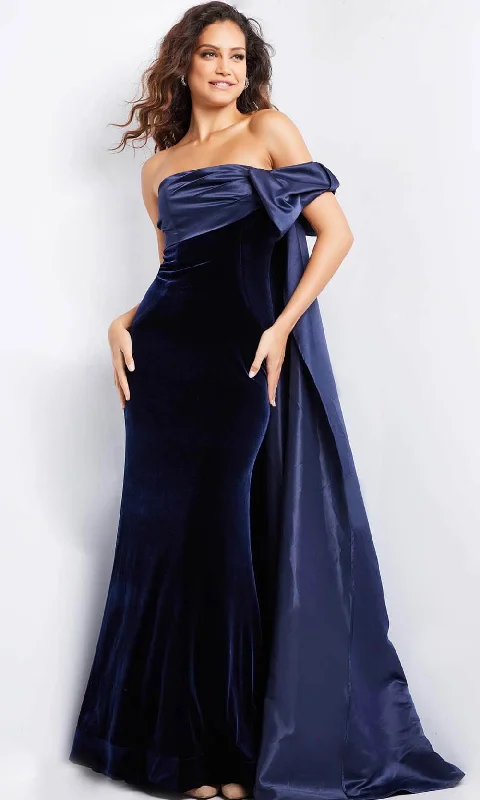 Jovani 37391 - Bow Accented Sleeve Evening Gown Denim unclassified dresses