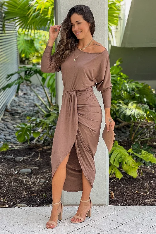 Mocha One Shoulder Ruched Dress Earthy tone unclassified dresses