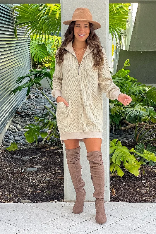 Taupe Zip Up Waffle Knit Dress Pastel unclassified dresses