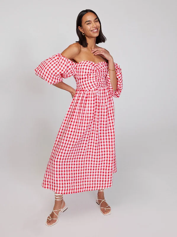 Alexis Red Gingham Bardot Midi Dress Tulle Midi Skirt