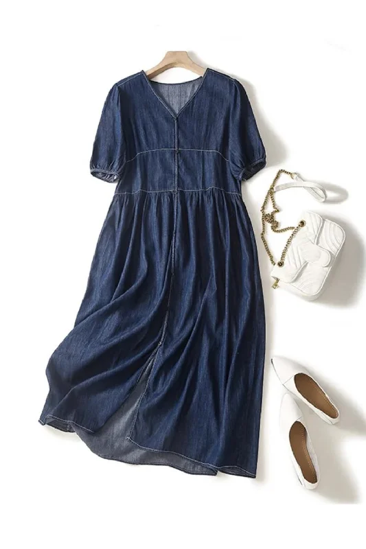 Casual Loose Short Sleeve Denim Shirt Dress Women Autumn Midi Dress Patchwork Streetwear Sundress Pleated Satin Skirt