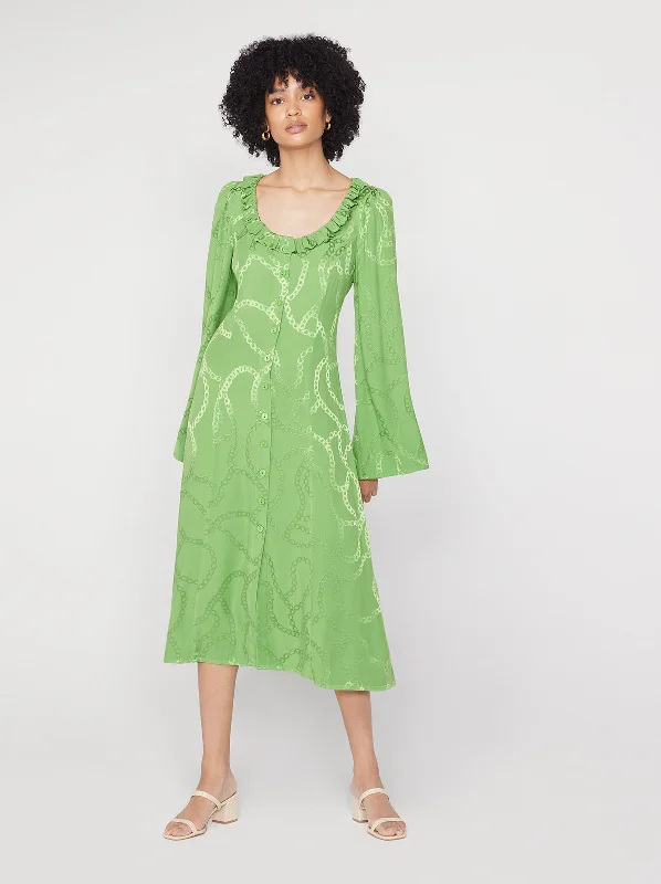 Flora Green Chain Jacquard Midi Dress Wool Midi Skirt