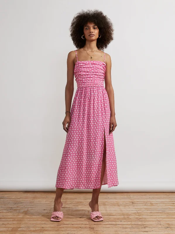 Genevieve Pink Ditsy Floral Midi Dress Button-front Midi Skirt