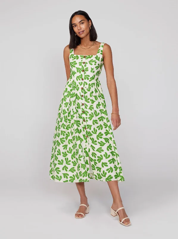 Olympia Leaf Print Midi Dress Stylish Pleated Skirt